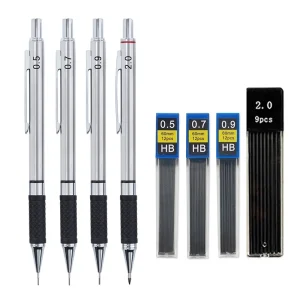 8Pcs Metal Mechanical Pencil Set with pencil grip in sizes 0.5/0.7/0.9/2.0mm